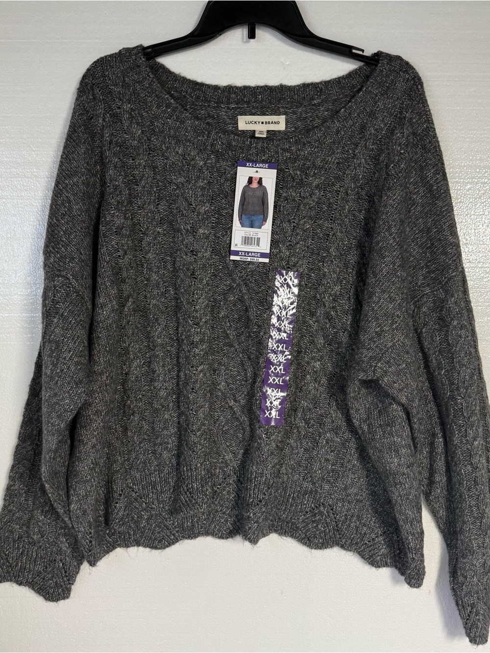 Lucky Brand Sweater XXL Heather Gray Cable Knit Crewneck Wool Blend Ribbed Trim